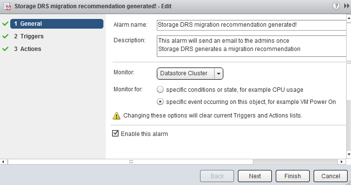 Storage DRS vCenter new alarm definition