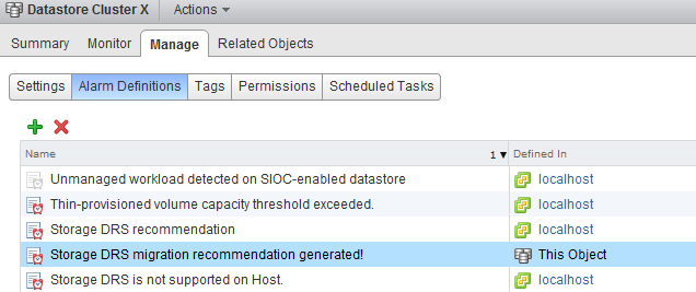 Storage DRS new recommendation alarm listed