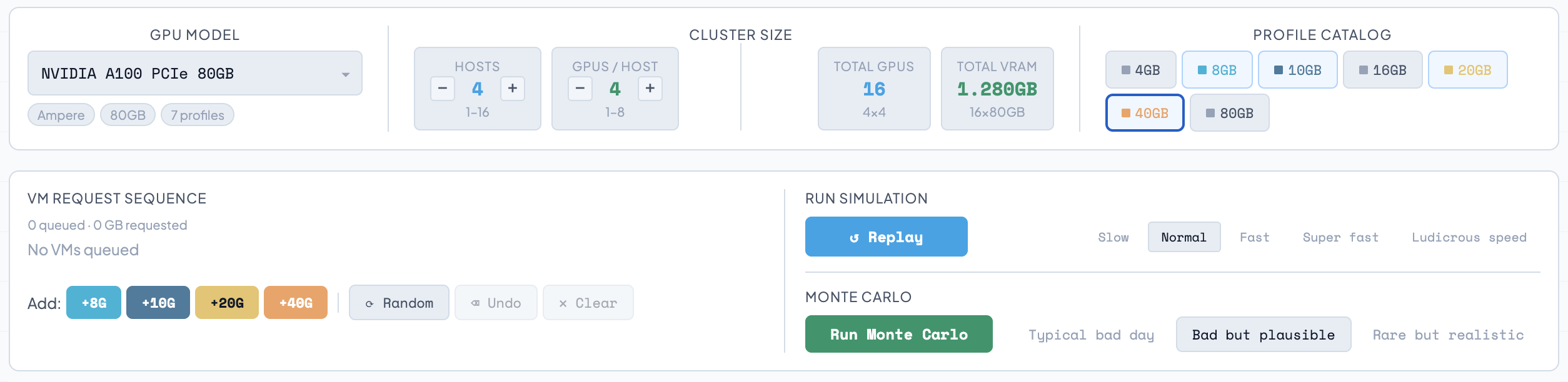 profile catalog panel with 8GB, 10GB, 20GB, 40GB toggled on