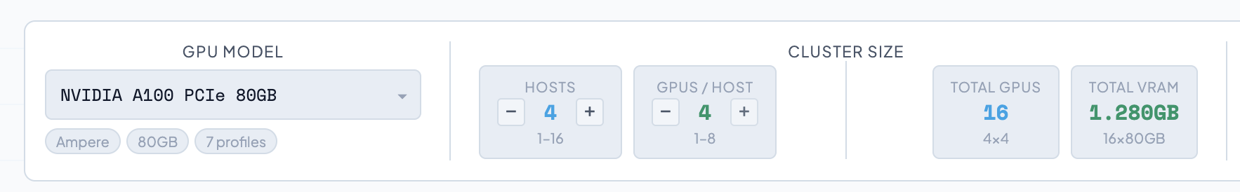 cluster configuration panel — 4 hosts, 4 GPUs, 16 total, 1280 GB
